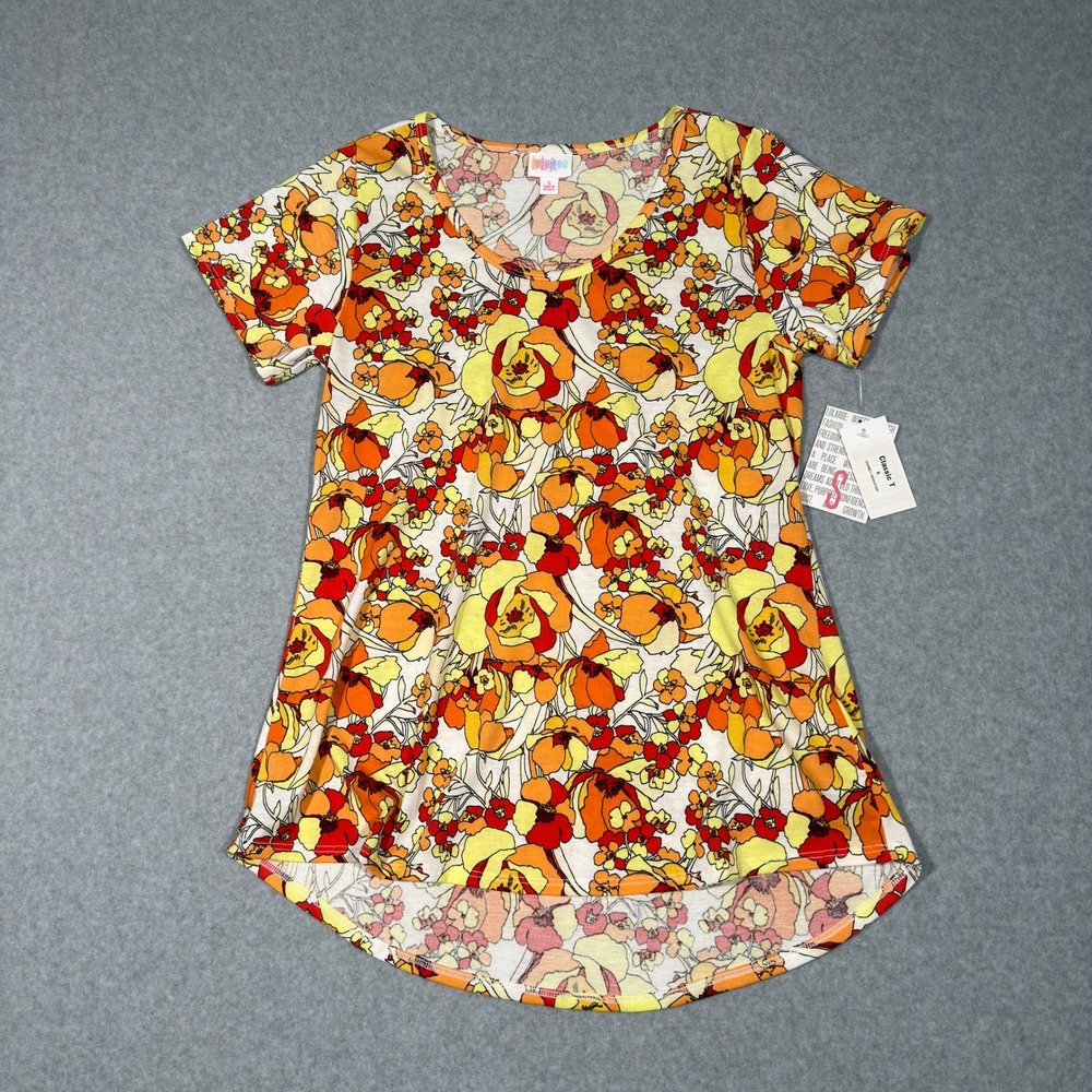 NWT LuLaRoe Classic T Shirt Womens S Orange Yellow Floral Short Sleeve Boho